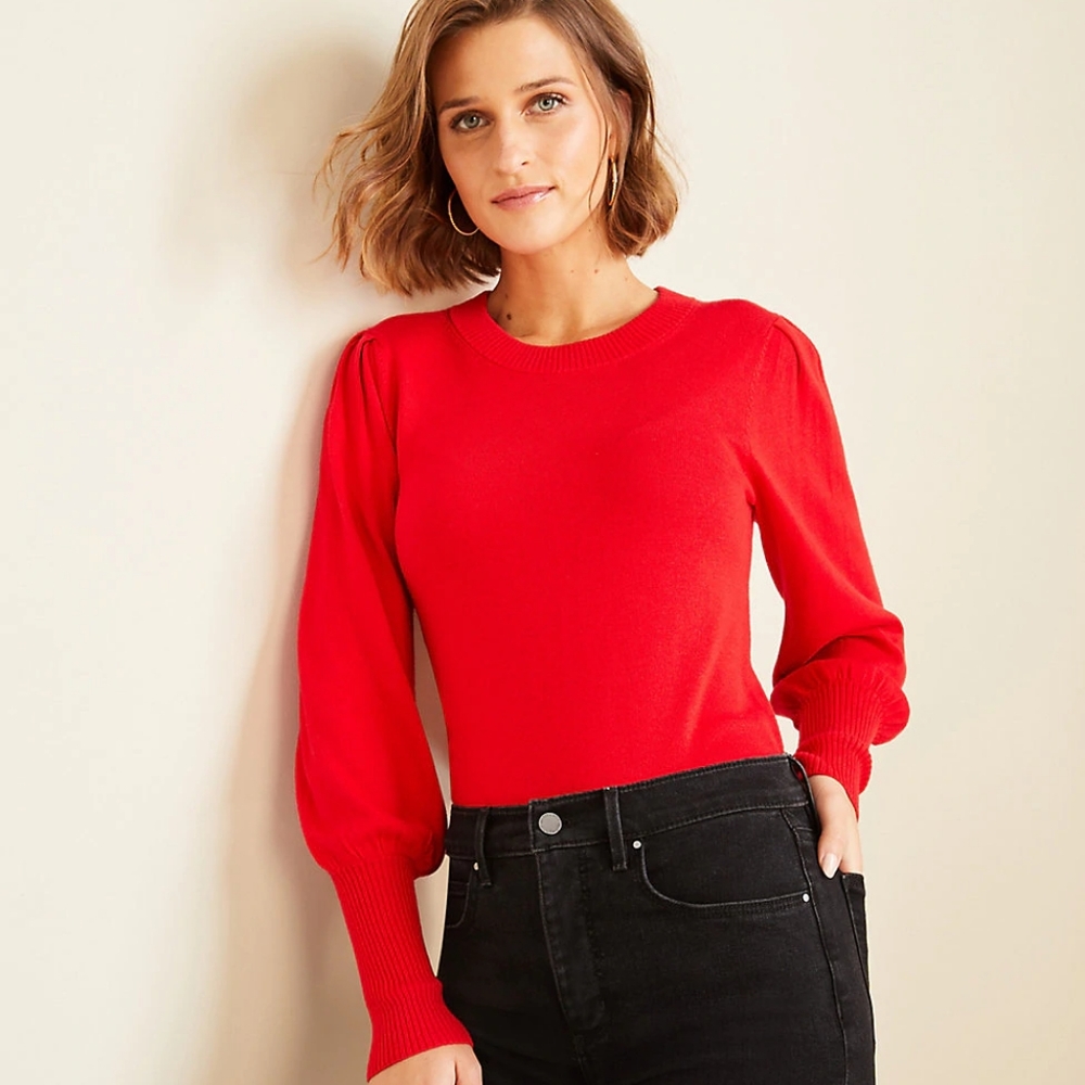 Ann Taylor Candy Red Balloon Sleeve Sweater